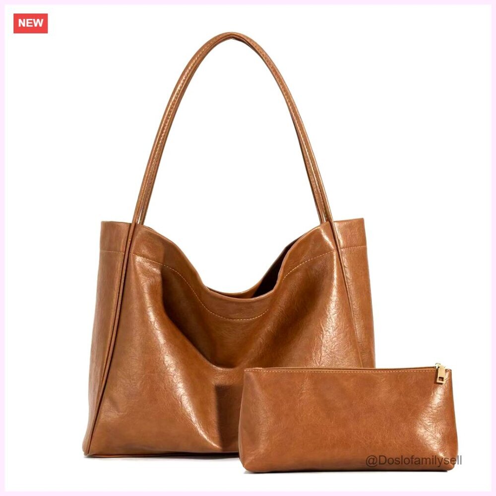 Large PU Leather Tote Bag with Zipper, Oversize Weekender Shoulder Bag